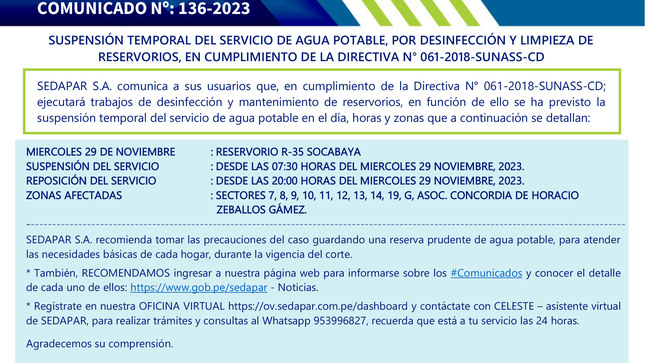 SUSPENSIÓN TEMPORAL DEL SERVICIO DE AGUA POTABLE, POR DESINFECCIÓN Y LIMPIEZA DE RESERVORIOS, EN CUMPLIMIENTO DE LA DIRECTIVA N° 061-2018-SUNASS-CD