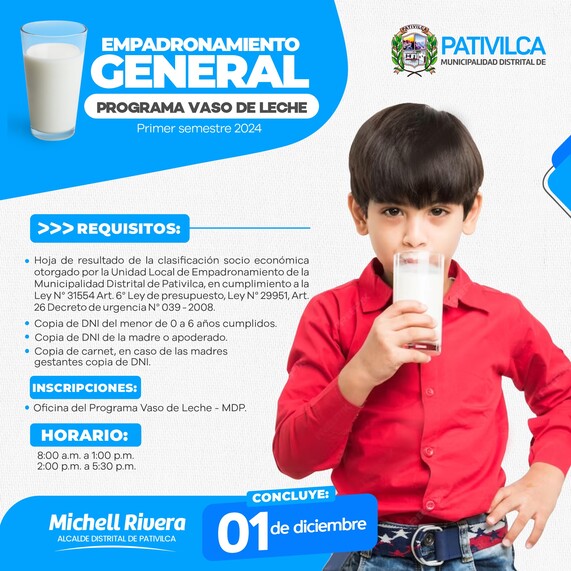 Se comunica a los diversos comités del Vaso de Leche, zona urbana y rural a participar del nuevo empadronamiento general 2024.