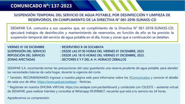 SUSPENSIÓN TEMPORAL DEL SERVICIO DE AGUA POTABLE, POR DESINFECCIÓN Y LIMPIEZA DE RESERVORIOS, EN CUMPLIMIENTO DE LA DIRECTIVA N° 061-2018-SUNASS-CD