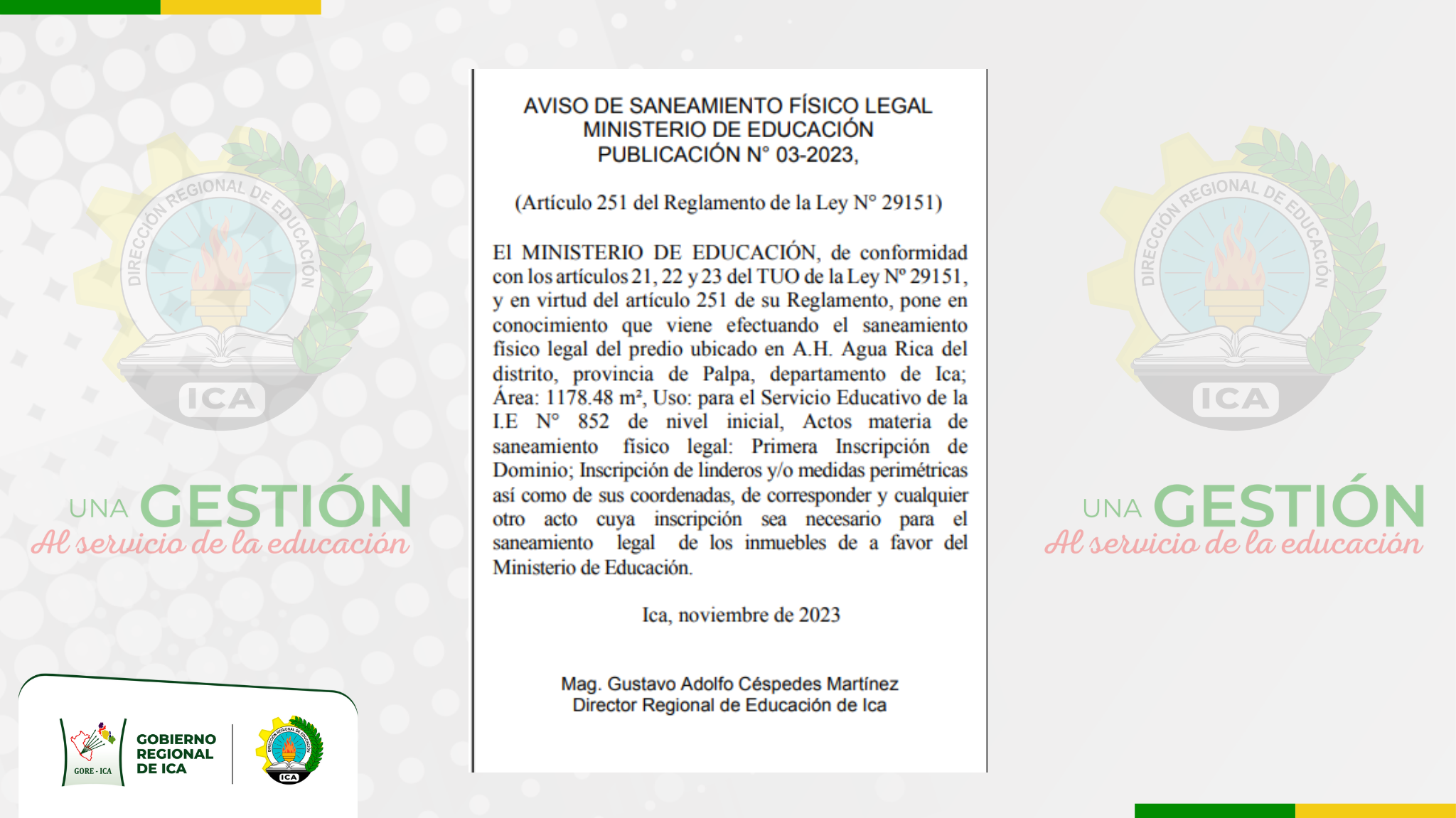 Aviso de saneamiento físico legal / Ministerio de Educación - publicación N.º03-2023