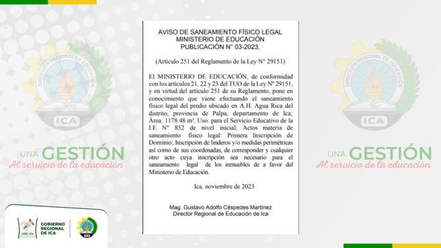 Aviso de saneamiento físico legal / Ministerio de Educación - publicación N.º03-2023