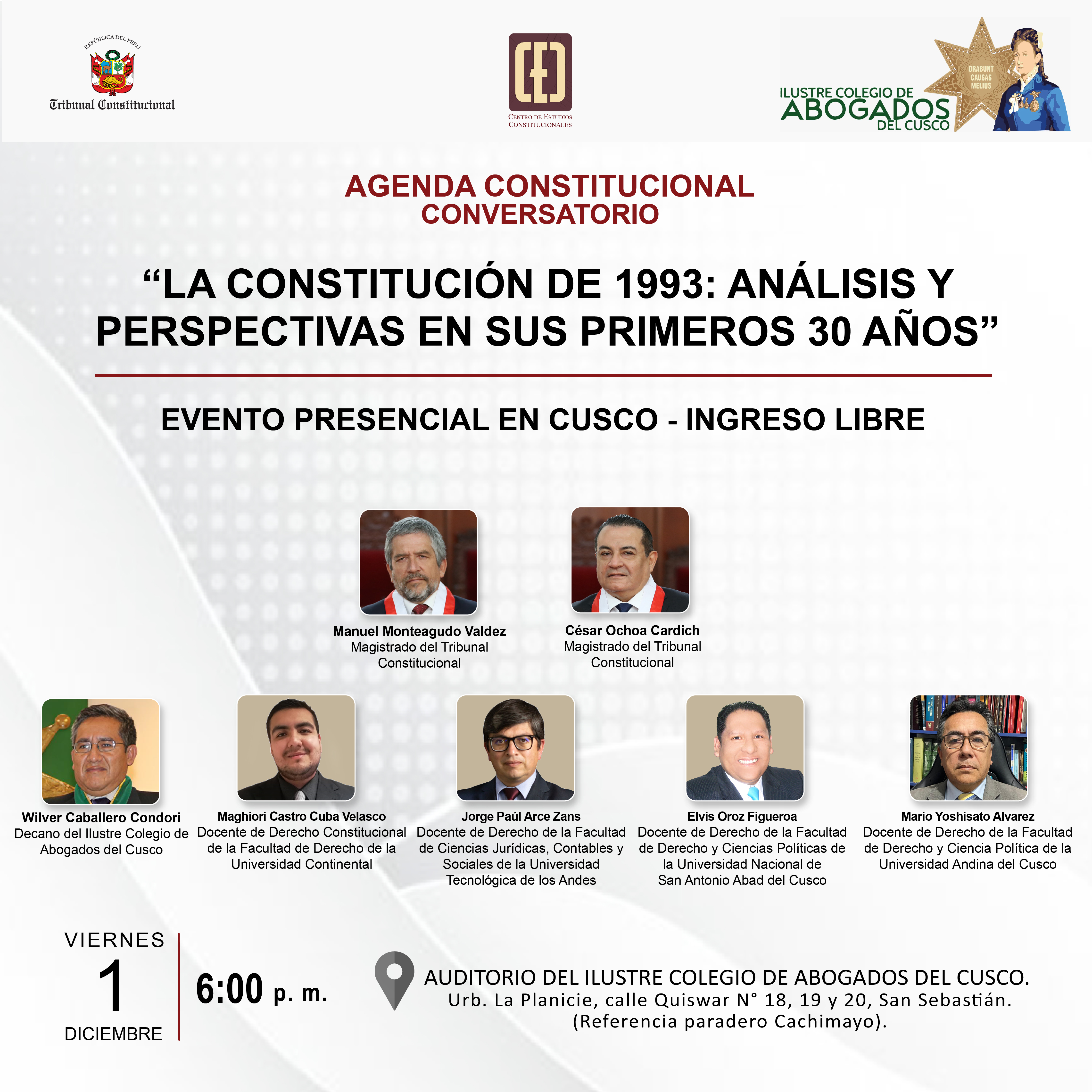 Cusco es sede de Agenda Constitucional del Tribunal Constitucional el viernes 1 de diciembre