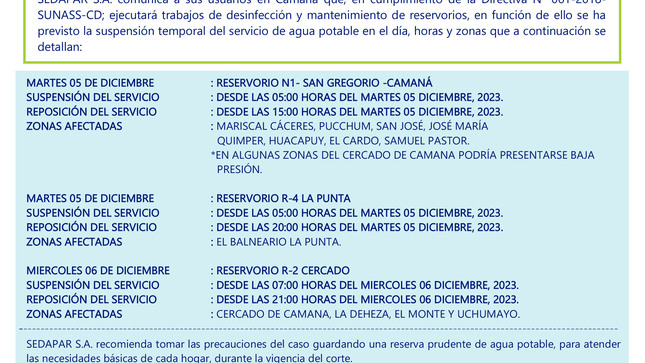SUSPENSIÓN TEMPORAL DEL SERVICIO DE AGUA POTABLE, POR DESINFECCIÓN Y LIMPIEZA DE RESERVORIOS, EN CUMPLIMIENTO DE LA DIRECTIVA N° 061-2018-SUNASS-CD