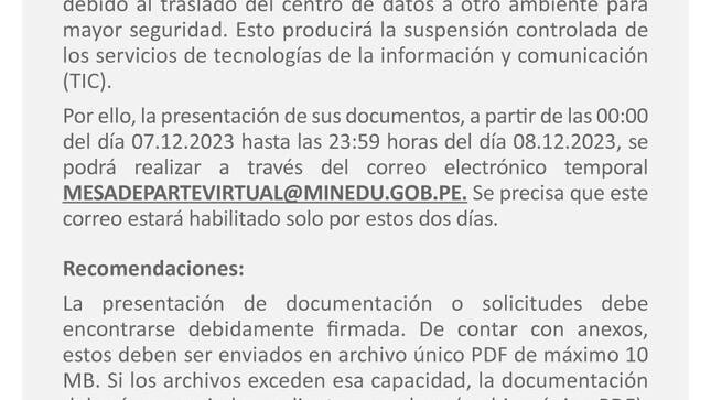 Suspensión de los servicios de mesa de parte virtual (Minedu en linea) y la plataforma de acceso a la informacion publica (SISOLAI)