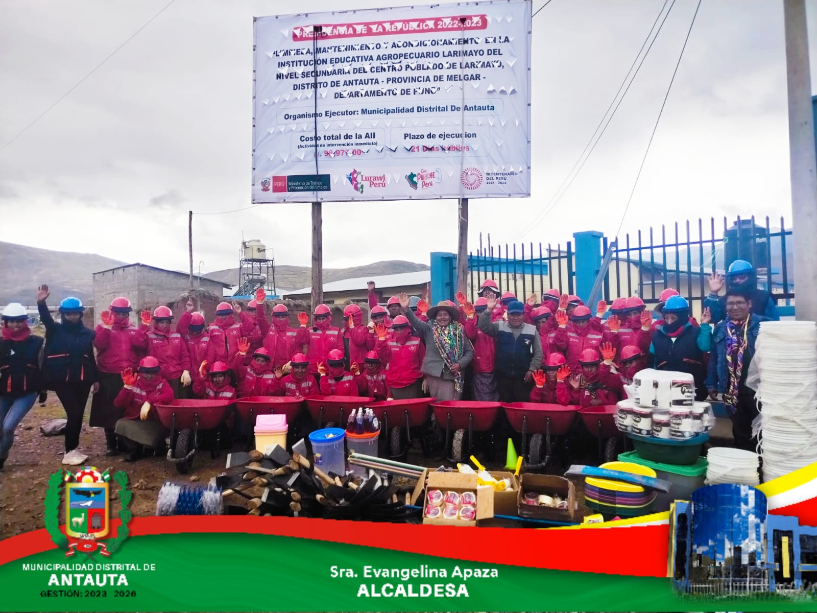 Continuando con la apertura de actividades del programa Llamkasun-Peru, gestionadas por la entidad municipal, encabezada por la Sra. alcaldesa Evangelina Apaza Calsina, se procedió a dar inicio a una nueva actividad denominada” Limpieza, mantenimiento y acondicionamiento de la Institución Educativa Agropecuaria de Larimayo, distrito de Antauta, provincia de Melgar, departamento de Puno”.