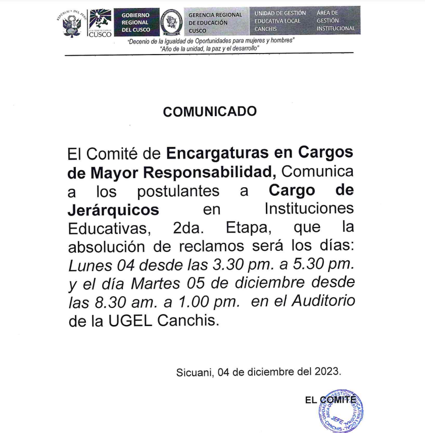 Comunicado de Encargaturas en Cargos de Mayor Responsabilidad