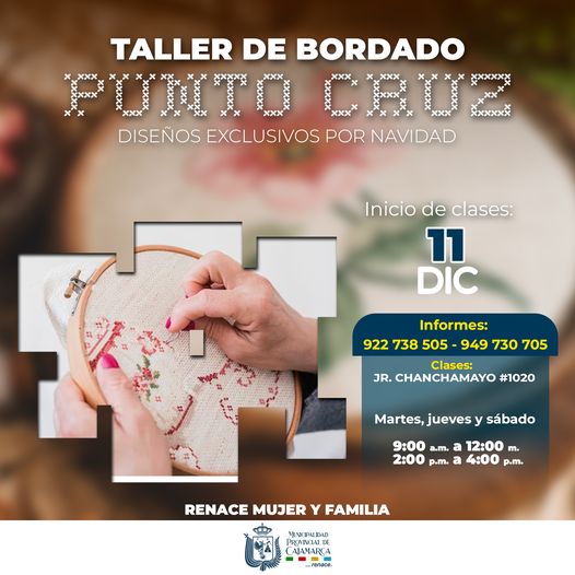 Súmate a nuestro taller gratuito de “Bordado Punto Cruz” solo tienes que llamar a los números 922 738 505 o 949 730 705 para recibir informes e inscripciones.