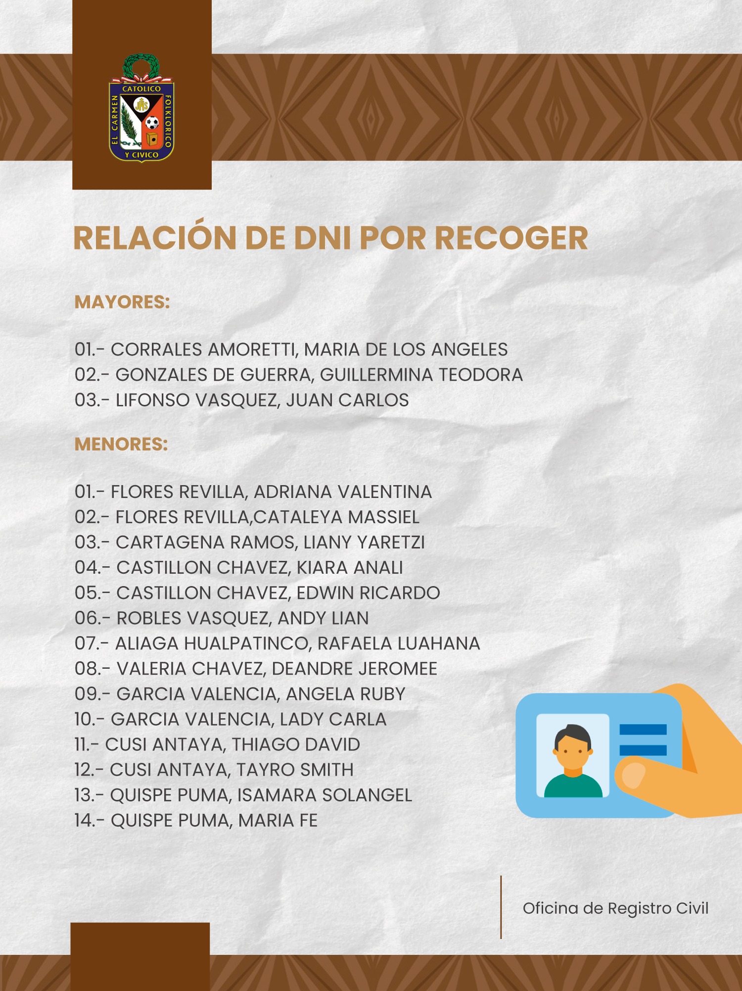 COMUNICADO DE LA OFICINA DE REGISTRO CIVIL - MUNICIPALIDAD DISTRITAL DE EL CARMEN