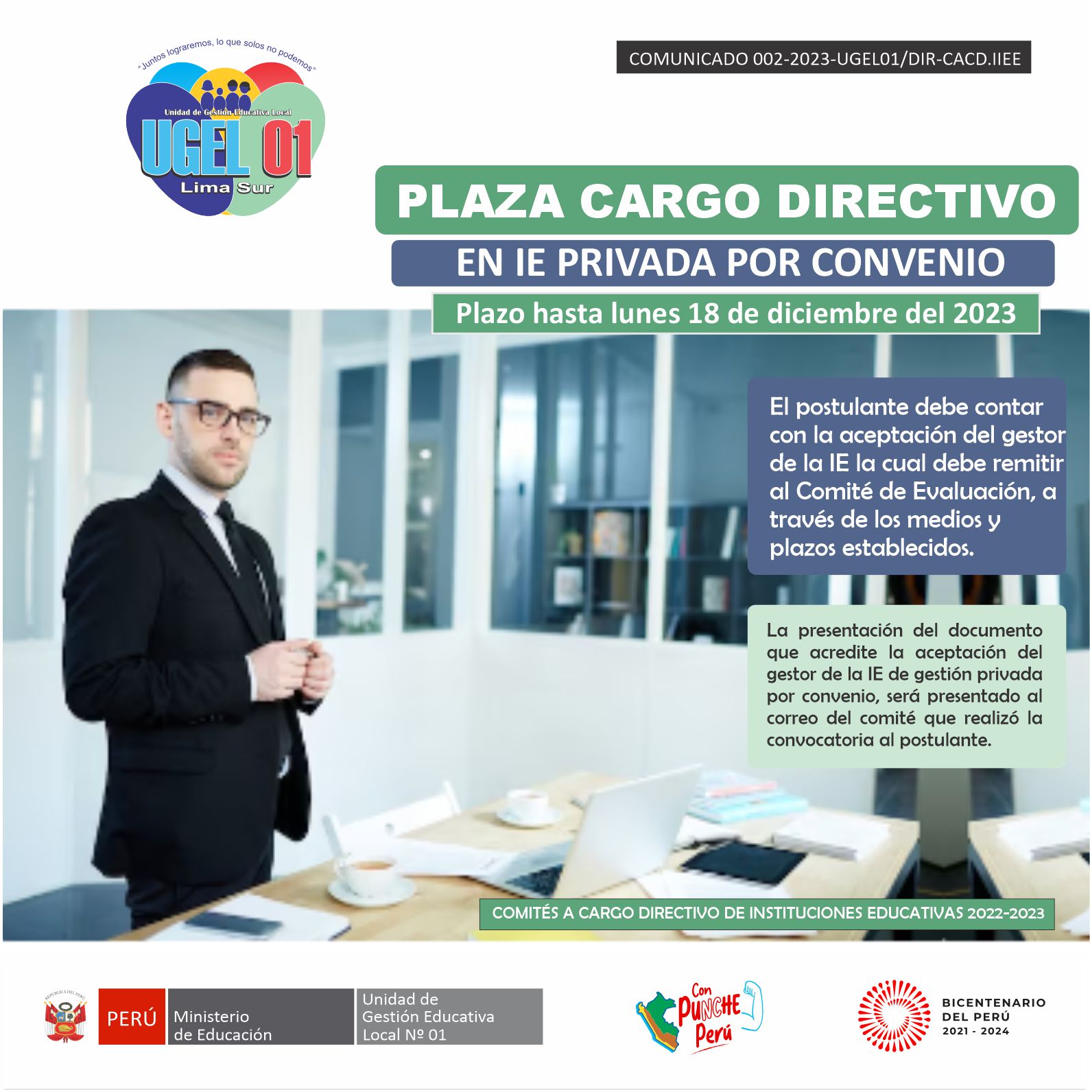 Plaza cargo directivo en IE privada por convenio