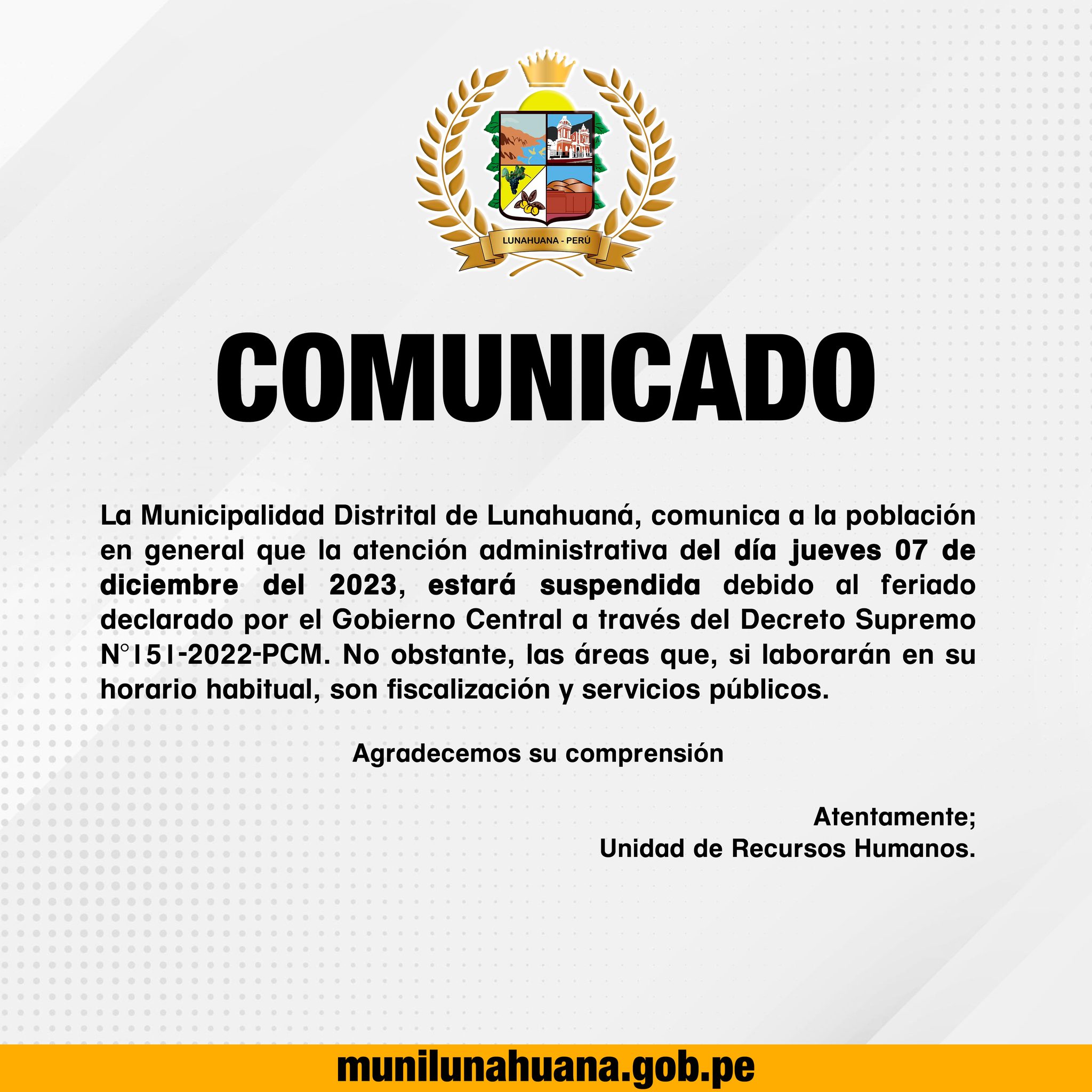 La Municipalidad Distrital de Lunahuanรก, comunica a la poblaciรณn en general que la atenciรณn administrativa del ๐๐ขฬ๐ ๐ฃ๐ฎ๐๐ฏ๐๐ฌ ๐๐ ๐๐ ๐๐ข๐๐ข๐๐ฆ๐๐ซ๐ ๐๐๐ฅ ๐๐๐๐, ๐๐ฌ๐ญ๐๐ซ๐ฬ ๐ฌ๐ฎ๐ฌ๐ฉ๐๐ง๐๐ข๐๐ debido al feriado declarado por el Gobierno Central a travรฉs del ๐๐๐๐ซ๐๐ญ๐จ ๐๐ฎ๐ฉ๐ซ๐๐ฆ๐จ ๐ยฐ๐๐๐-๐๐๐๐-๐๐๐. No obstante, las รกreas que, si laborarรกn en su horario habitual, son fiscalizaciรณn y servicios pรบblicos.
Agradecemos su comprensiรณn
Atentamente;
Unidad de Recursos Humanos.