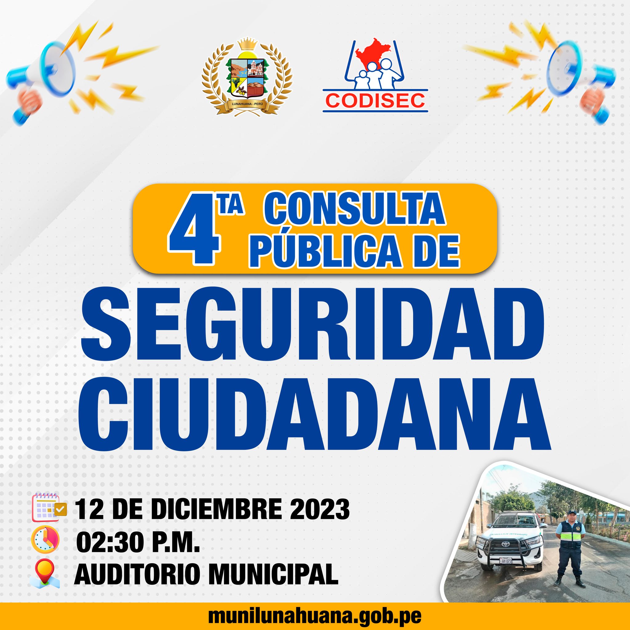 La Municipalidad Distrital de Lunahuaná, invita a la población en general, a participar de la "4TA CONSULTA PÚBLICA DE SEGURIDAD CIUDADANA”.
🗓️Día: martes 12 de diciembre 2023
🕛Hora: 02:30 p.m.
📍 Lugar: Auditorio Municipal “Isidoro Castro Capurro”.
#EnGestionChavelonEsLaSolucion