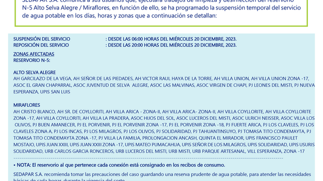 Suspensión temporal del servicio de agua potable