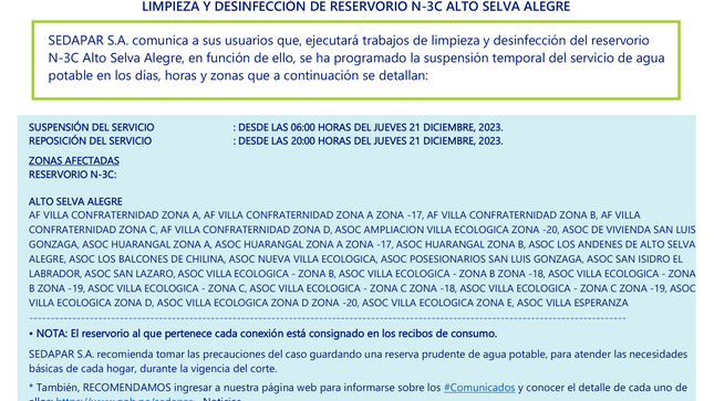 Suspensión temporal del servicio de agua potable 