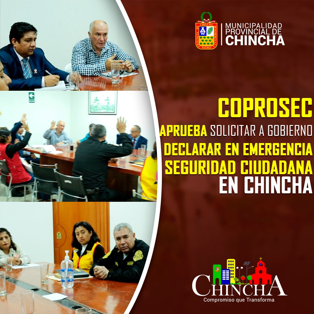 #SeguridadCiudadana I Ayer en horas de la noche, se reuniΓ³ el ComitΓ© Provincial de Seguridad ciudadana (COPROSEC), por unanimidad se aprobΓ³ solicitar al gobierno central declarar en ππ ππ₯πππ‘πππ π¦πππ¨π₯ππππ πππ¨πππππ‘π π ππ π£π₯π’π©ππ‘πππ ππ ππππ‘πππ, todo lo acordado serΓ‘ elevado al CORESEC (Consejo Regional de Seguridad Ciudadana) y asΓ ponga de conocimiento de todo lo actuado a los representantes del gobierno central y el poder legislativo, teniendo en cuenta los ΓΊltimos hechos delictivos de robos, asaltos y crΓmenes suscitados en diferentes jurisdicciones de nuestra provincia.
Esta sesiΓ³n del Consejo Provincial de Seguridad Ciudadana la preside el alcalde Ing. CΓ©sar Carranza Falla, participaron los representantes de la DIVPOL Chincha, municipalidades distritales, Subprefecta provincial, Ministerio PΓΊblico, entre otros representantes de entidades del estado.
El burgomaestre, por su parte seΓ±alΓ³, que es necesario hacer esta solicitud de declarar en emergencia a Chincha y poner de conocimiento a las autoridades competentes de dicha solicitud de declaratoria, ante el alto Γndice de actos delincuenciales, lo que se busca con dicho pedido aprobado por COPROSEC, no sΓ³lo es la declaratoria de emergencia, sino ademΓ‘s, el apoyo con mayor presencia policial y militar de ser necesario para combatir a la criminalidad en Chincha.
#MunicipalidadProvincialDeChincha
#CompromisoQueTransforma