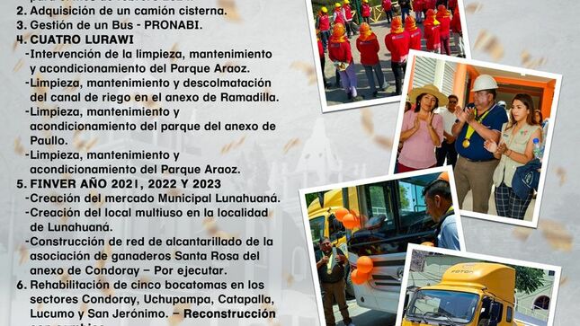 La Municipalidad Distrital de Lunahuaná, liderado por su Alcalde Sr. Luis Alberto Conislla Jara y Regidores, compartimos con ustedes el cumplimiento y superación de nuestros logros para la Capital Turística y Cultural de la Provincia de Cañete.

𝟏. Se ingreso el perfil completo del Mini Hospital de Lunahuaná, con financiamiento para el mes de febrero 2024.
𝟐. Adquisición de un camión cisterna.
𝟑. Gestión de un Bus – PRONABI.
𝟒. 𝐂𝐔𝐀𝐓𝐑𝐎 𝐋𝐔𝐑𝐀𝐖𝐈
Intervención de la limpieza, mantenimiento y acondicionamiento del Parque Araoz.
Limpieza, mantenimiento y descolmatación del canal de riego en el anexo de Ramadilla.
Limpieza, mantenimiento y acondicionamiento del parque del anexo de Paullo.
Limpieza, mantenimiento y acondicionamiento del Parque Araoz.
𝟓. 𝐅𝐈𝐍𝐕𝐄𝐑 𝐀Ñ𝐎 𝟐𝟎𝟐𝟏, 𝟐𝟎𝟐𝟐 𝐘 𝟐𝟎𝟐𝟑
Creación del mercado Municipal Lunahuaná.
Creación del local multiuso en la localidad de Lunahuaná.
Construcción de red de alcantarillado de la asociación de ganaderos Santa Rosa del anexo de Condoray – por ejecutar.
𝟔. Rehabilitación de cinco bocatomas en los sectores Condoray, Uchupampa, Catapalla, Lucumo y San Jerónimo. – Reconstrucción con cambios.
𝟕. Inventario y jerarquización de recursos turísticos del distrito de Lunahuaná.
𝟖. Recuperación y mejoramiento del estadio municipal.

#EnGestionChavelonEsLaSolucion 