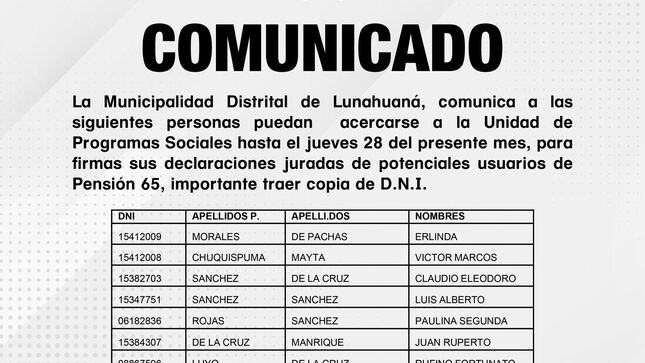 La Municipalidad Distrital de Lunahuaná, comunica a las siguientes personas puedan acercarse a la Unidad de Programas Sociales hasta el jueves 28 del presente mes, para firmas sus declaraciones juradas de potenciales usuarios de Pensión 65, importante traer copia de D.N.I.
Atentamente; 

Unidad de Programas Sociales

#EnGestionChavelonEsLaSolucion
