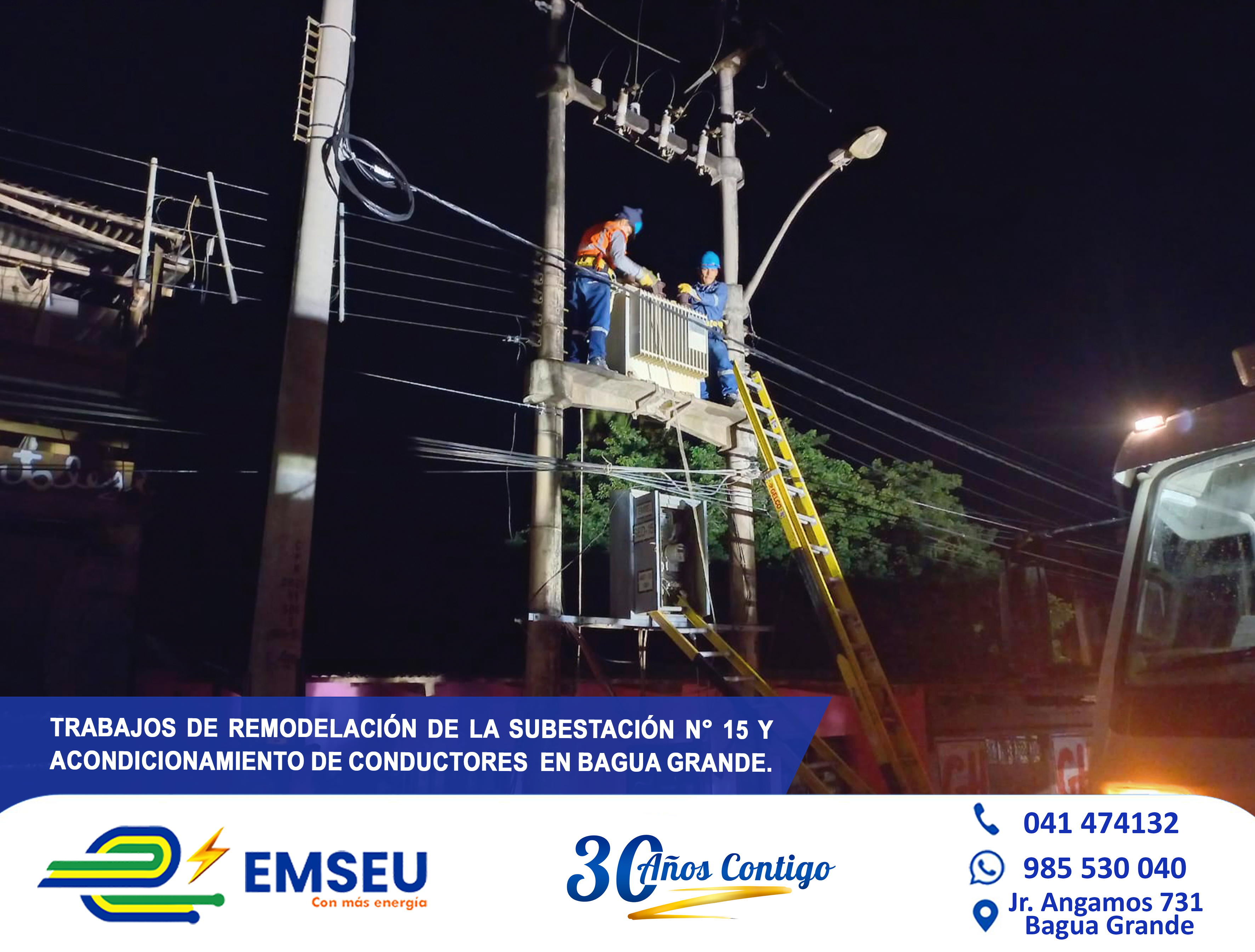 El equipo técnico de EMSEU S.A.C, realizó la reubicación del tablero y transformador hacia la berma central de la Av. Chachapoyas.