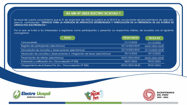 Procedimiento de Selección Adjudicación Simplificada N.º AS-SM-47-2023-ELECTRO UCAYALI-1 