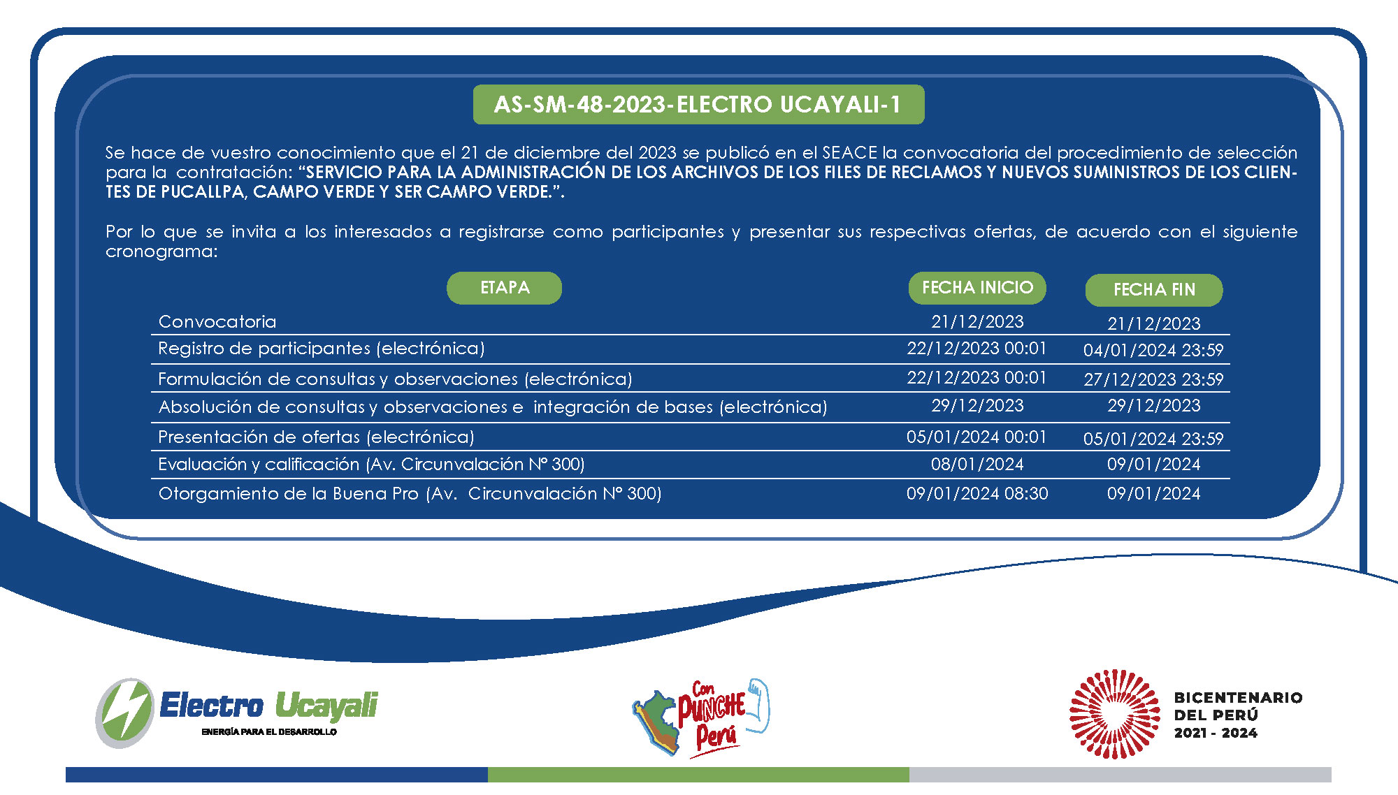 Procedimiento de Selección Adjudicación Simplificada N.º AS-SM-48-2023-ELECTRO UCAYALI-1 