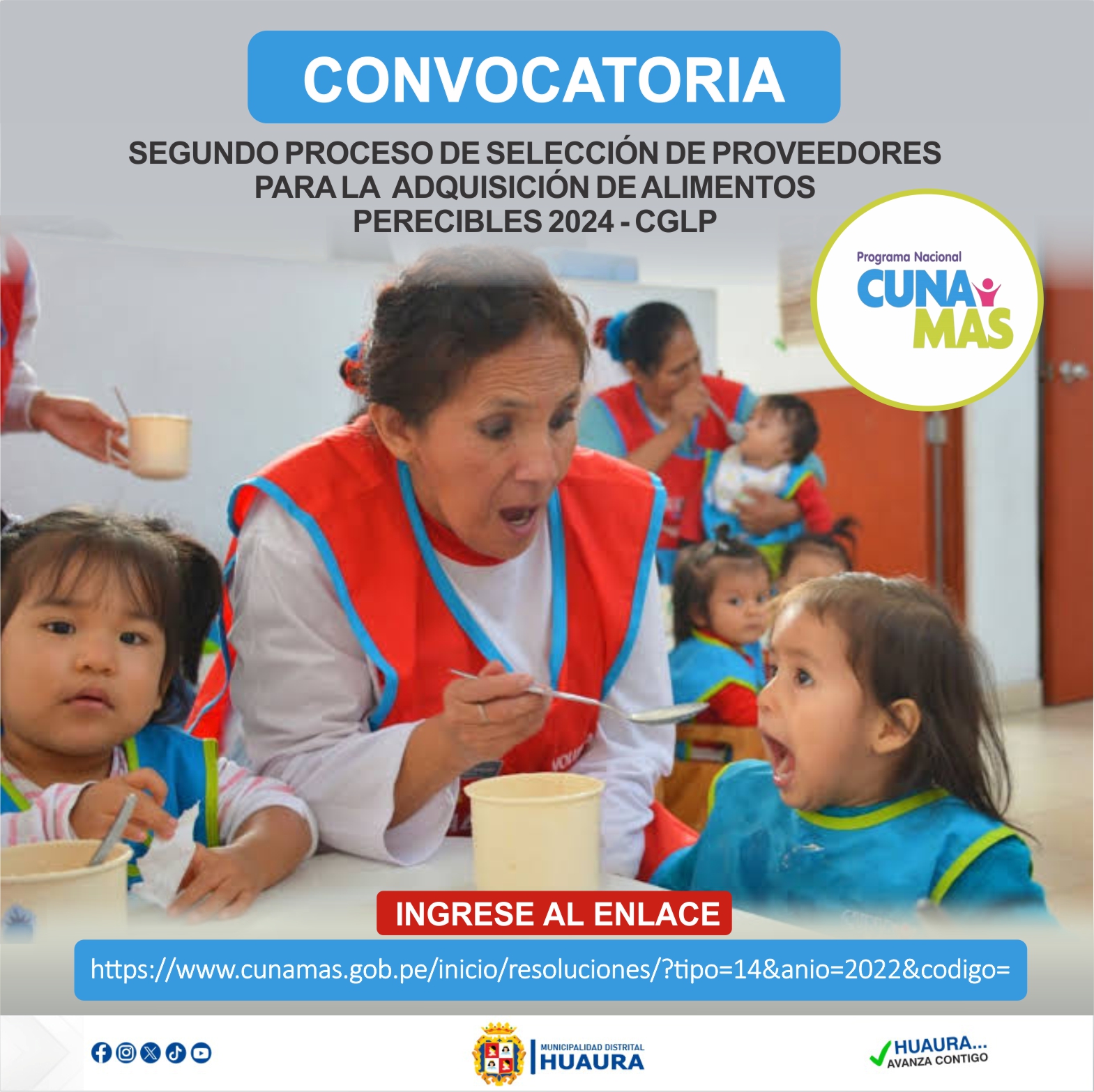 PROGRAMA NACIONAL "CUNA MÁS" CONVOCA AL SEGUNDO PROCESO DE SELECCIÓN DE PROVEEDORES DE ALIMENTOS PERECIBLES PARA LA ATENCIÓN ALIMENTARIA DE NIÑOS DURANTE EL AÑO 2024