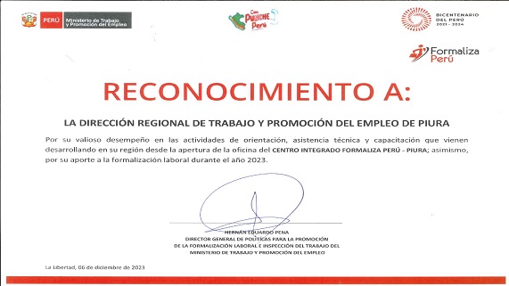 DRTPE Piura recibió reconocimiento por su buena labor en el Centro Integrado Formaliza Perú