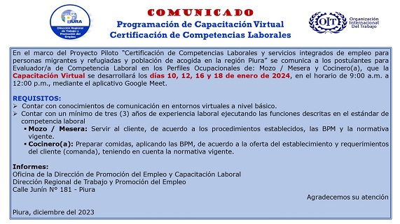 DRTPE Piura comunica capacitación Virtual para Evaluador/a de Competencia Laboral