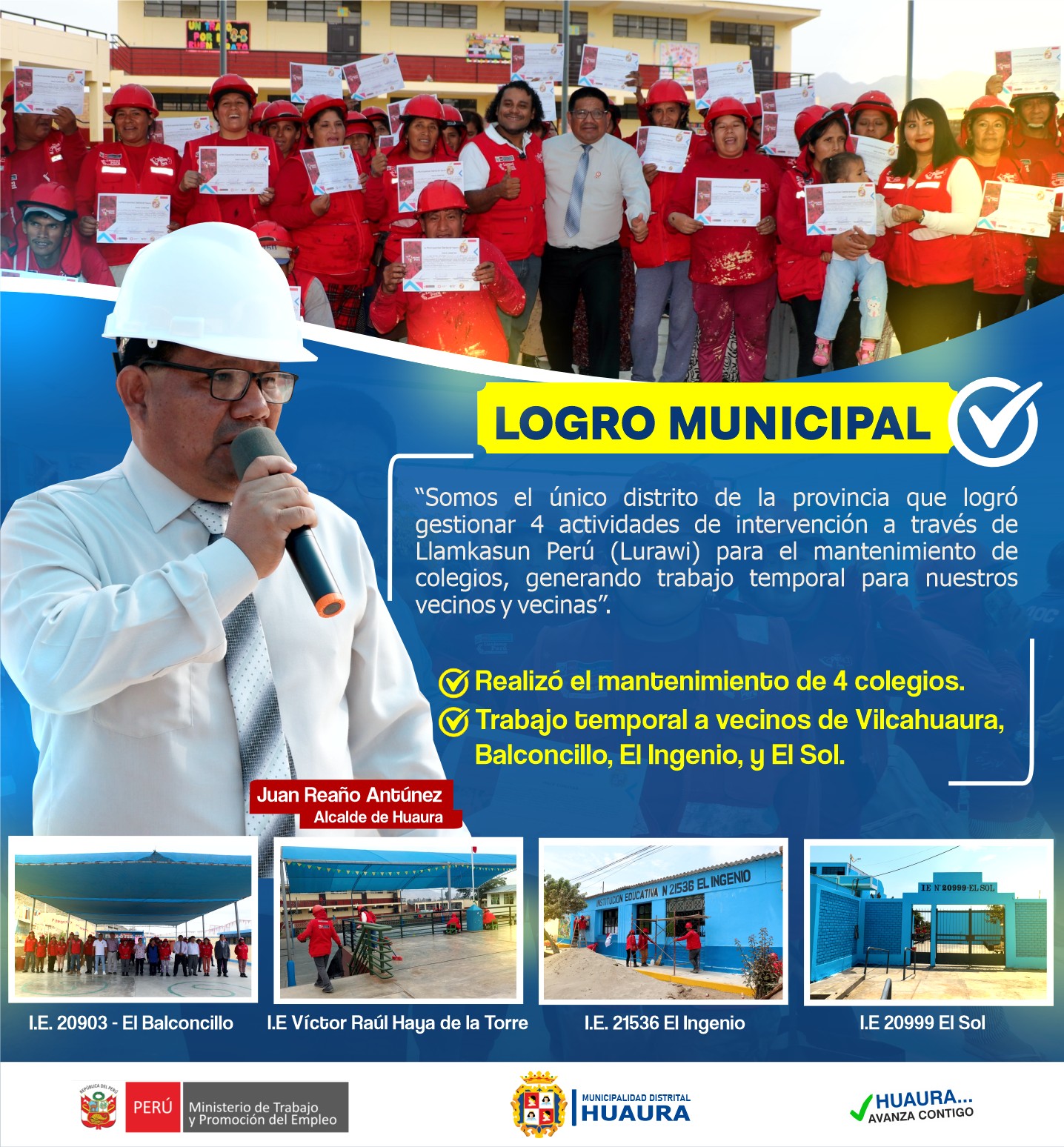 MUNICIPIO DE HUAURA LOGRÓ GESTIONAR 4 ACTIVIDADES DE INTERVENCIÓN PARA MANTENIMIENTO DE COLEGIOS EN EL 2023
