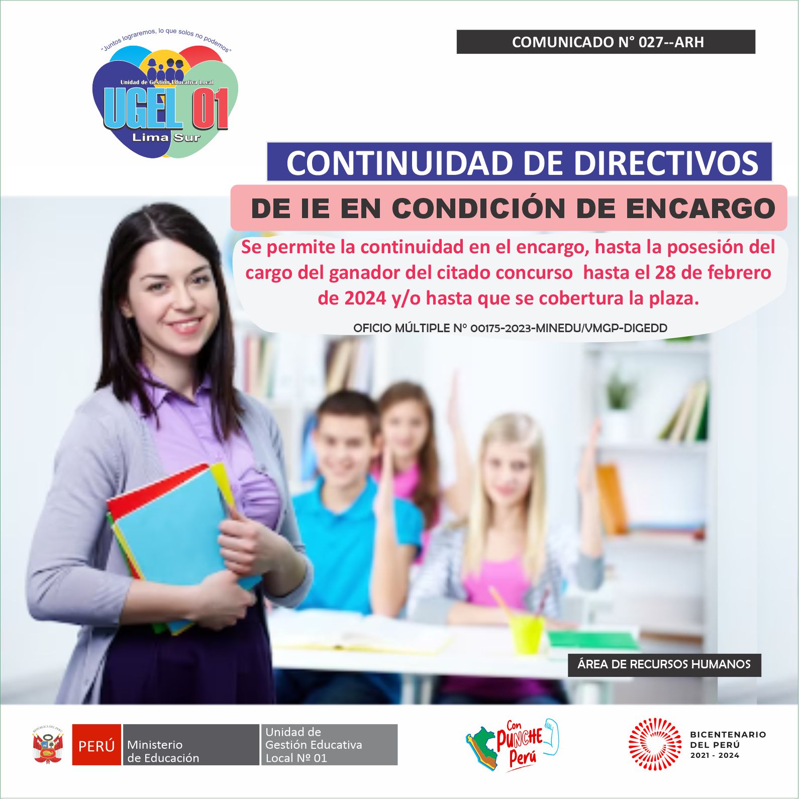 Ampliación de la encargatura del personal directivo (Director y Subdirector) en actual función