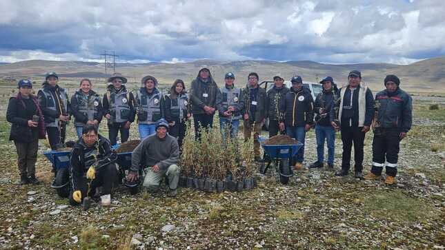 La imagen muestra personas listas para plantar árboles en un paisaje preparado. La tierra lista y las herramientas en mano indican una actividad de forestación inminente, resaltando la dedicación hacia la preservación ambiental.