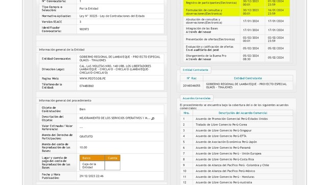 Convocatoria Licitación Pool de Maquinaria para el PEOT
