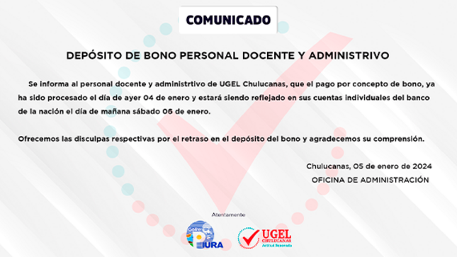 DEPÓSITO DE BONO PERSONAL DOCENTE Y ADMINISTRIVO