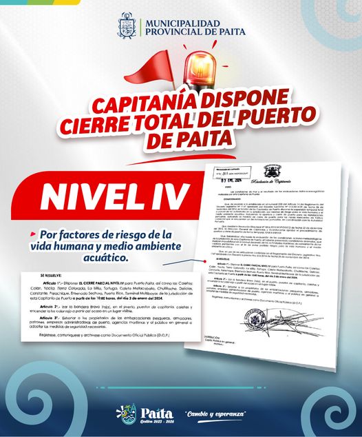 Resolución de capitanía dispone cierre total del puerto de Paita y Caletas, a partir de las 10:00 horas, del día 03 de enero del 2024.