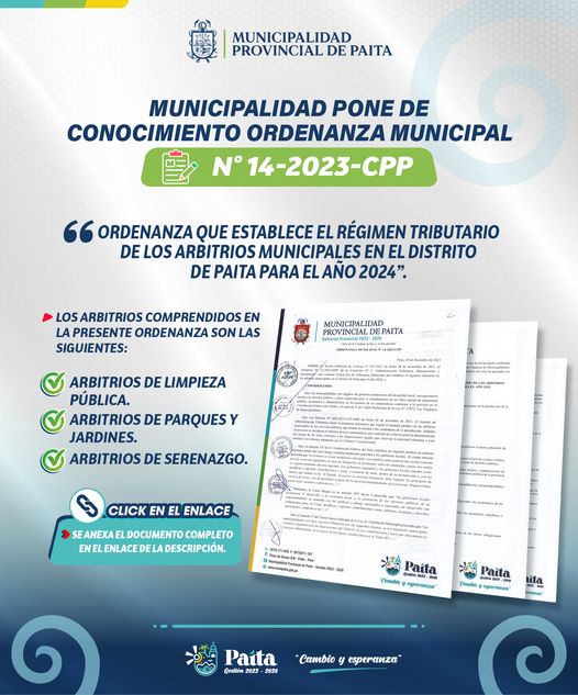 Ordenanza municipal N° 14-2023-CPP que establece el régimen tributario de los arbitrios municipales para el año 2024
