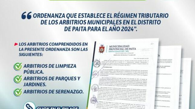 Ordenanza municipal N° 14-2023-CPP que establece el régimen tributario de los arbitrios municipales para el año 2024