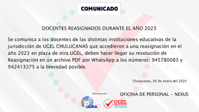 Atención docentes reasignados durante el año 2023