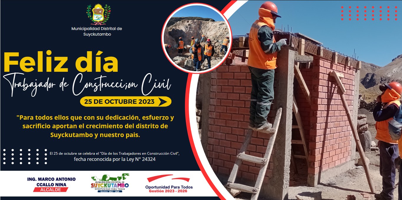 #suyckutambo_informa πππππ π«πΜπ π»πππππππ
ππ π«π πͺππππππππππΜπ πͺππππ
π¬π ππ π
π πππππππ ππ πππππππ ππ "π«πΜπ π
π πππ π»πππππππ
ππππ ππ πͺππππππππππΜπ πͺππππ", πππππ πππππππππ
π πππ ππ π³ππ π΅Β° πππππ.
El alcalde de la Municipalidad Distrital de Suyckutambo Ing. Marco A. Ccallo Nina y su Concejo Municipal, saluda a todos los trabajadores de construcciΓ³n civil de Suyckutambo, que con su dedicaciΓ³n, esfuerzo y sacrificio aportan el crecimiento del distrito de Suyckutambo y nuestro paΓs.
Ing. Marco A. Ccallo Nina
Alcalde de la Municipalidad Distrital de Suyckutambo.
GestiΓ³n 2023 β 2026
"Oportunidad para todos"
#municipalidaddistritaldesuyckutambo
#gestion2023_2026
#suyckutambo2023
