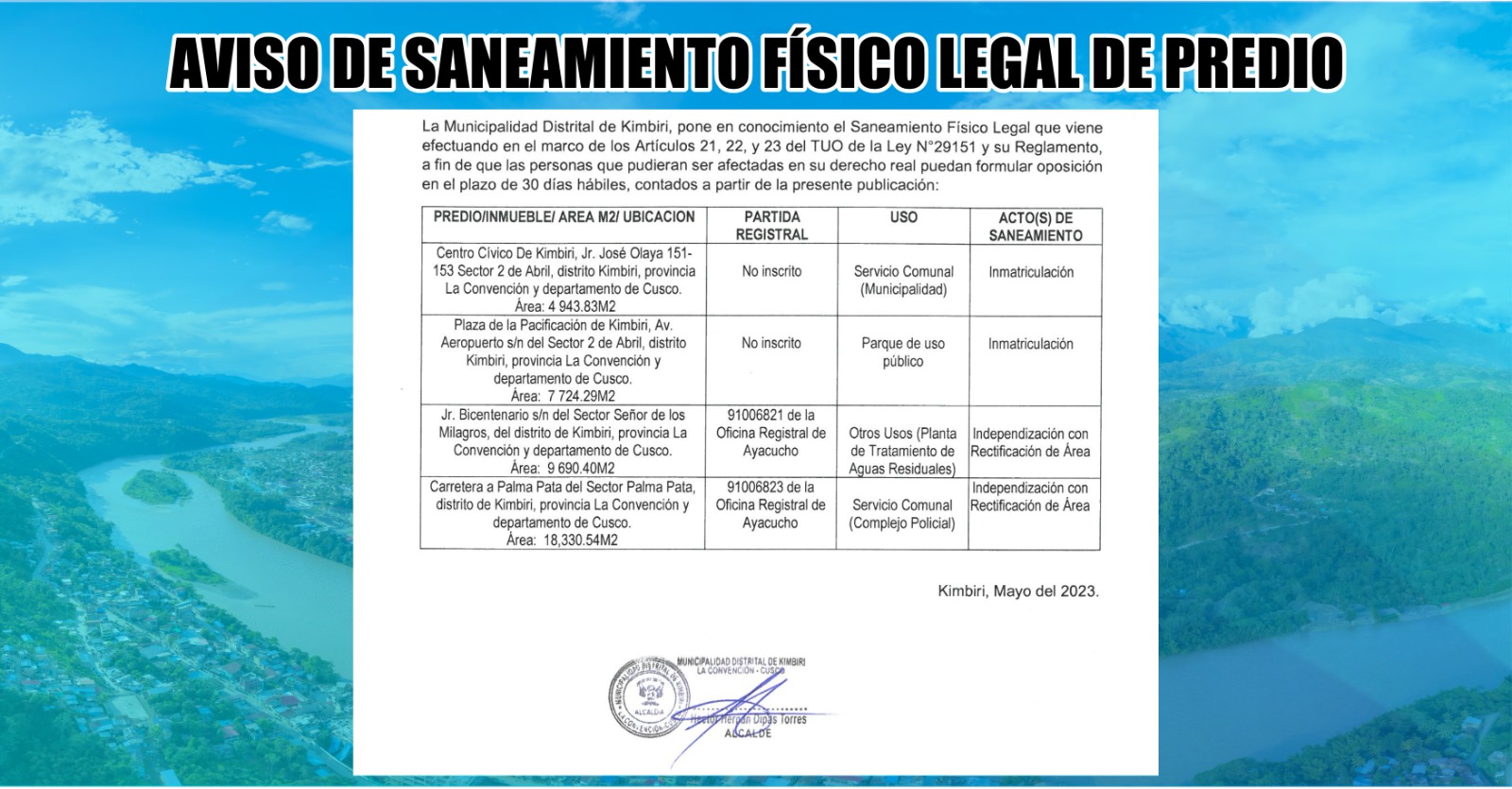 Aviso de saneamiento físico legal de predios