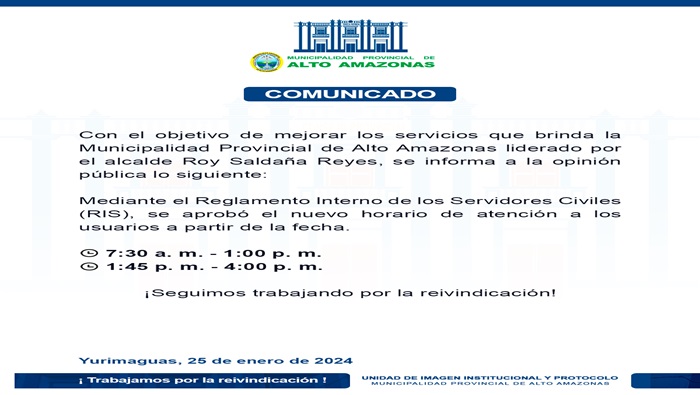 Horario de Atención en la Municipalidad Provincial de Alto Amazonas