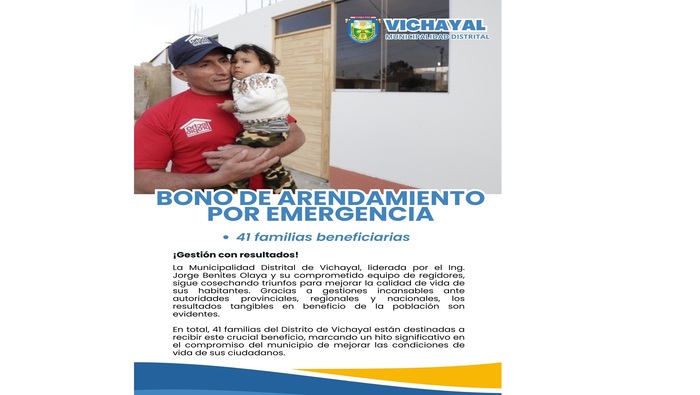 Bono e arrendamiento beneficia a 41 familias de Vichayal