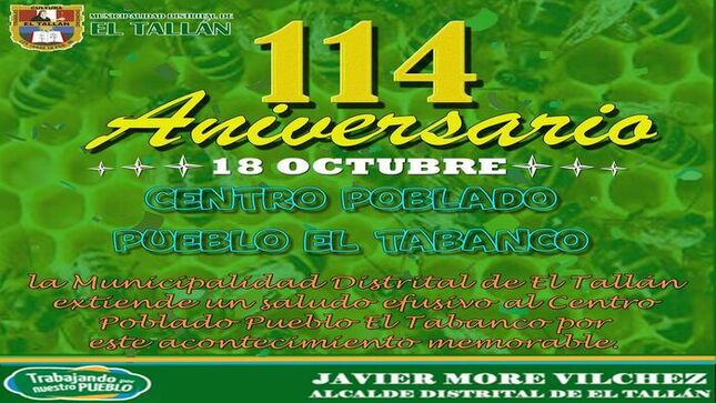 Feliz 114° aniversario centro poblado pueblo el Tabanco