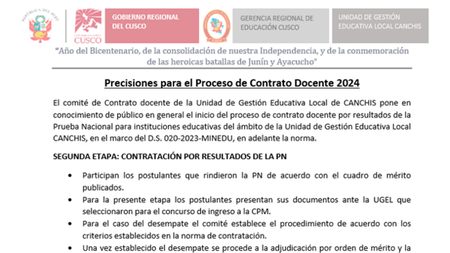 PRECISIONES PROCESO DE CONTRATA DOCENTE 2024 (29012024)