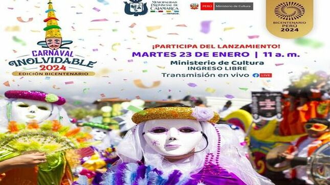 Desde el Ministerio de Cultura del Perú, hoy, a las 11:00 a. m., conoceremos todos los detalles de uno de los carnavales más alegres del Perú, el “Carnaval Inolvidable 2024 – Edición Bicentenario”. 🎉
¡Ya lo sabes, participa del lanzamiento!