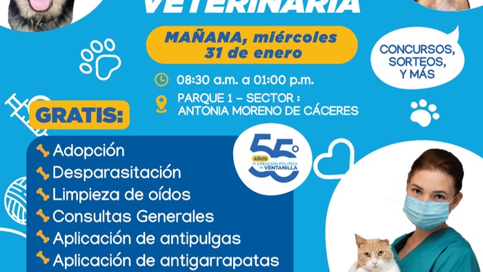 ¡Celebramos el 55 aniversario de Ventanilla con una gran campaña veterinaria! Vecino, vecina, ven este miércoles 31 de enero de 08:30 a.m. a 1:00 p.m. al Parque 1- Sector Antonia Moreno de Cáceres. Habrá asesoría y consejería para adopciones, desparasitación, tratamiento anti pulgas y garrapatas, limpieza de oídos, consulta general, concursos, sorteos y más.
Gracias a nuestro alcalde 𝐉𝐡𝐨𝐯𝐢𝐧𝐬𝐨𝐧 𝐕𝐚𝐬𝐪𝐮𝐞𝐳 por impulsar esta iniciativa que promueve el bienestar de nuestras mascotas, que forman parte de nuestras familias.