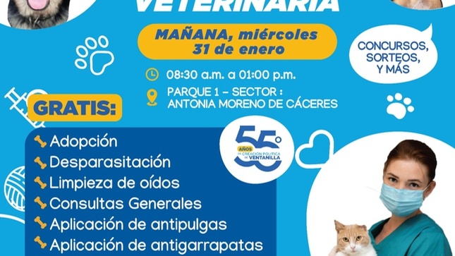 ¡Celebramos el 55 aniversario de Ventanilla con una gran campaña veterinaria!   Vecino, vecina, ven este miércoles 31 de enero de 08:30 a.m. a 1:00 p.m. al Parque 1- Sector Antonia Moreno de Cáceres. Habrá asesoría y consejería para adopciones, desparasitación, tratamiento anti pulgas y garrapatas, limpieza de oídos, consulta general, concursos, sorteos y más. 
Gracias a nuestro alcalde 𝐉𝐡𝐨𝐯𝐢𝐧𝐬𝐨𝐧 𝐕𝐚𝐬𝐪𝐮𝐞𝐳 por impulsar esta iniciativa que promueve el bienestar de nuestras mascotas, que forman parte de nuestras familias.  