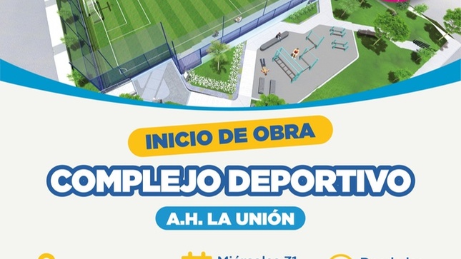  Continuamos trabajando con intensidad para ofrecer una mejor calidad de vida a nuestros vecinos. El alcalde 𝐉𝐡𝐨𝐯𝐢𝐧𝐬𝐨𝐧 𝐕𝐚𝐬𝐪𝐮𝐞𝐳 invita a la población a los inicios de los trabajos del complejo deportivo del A.H. La Unión y de la losa deportiva del A.H. Paz y Unión, dos importantes obras que pronto favorecerán a niños y jóvenes. Los esperamos en estos lugares, en los horarios indicados. ¡Ventanilla crece con su gente!
