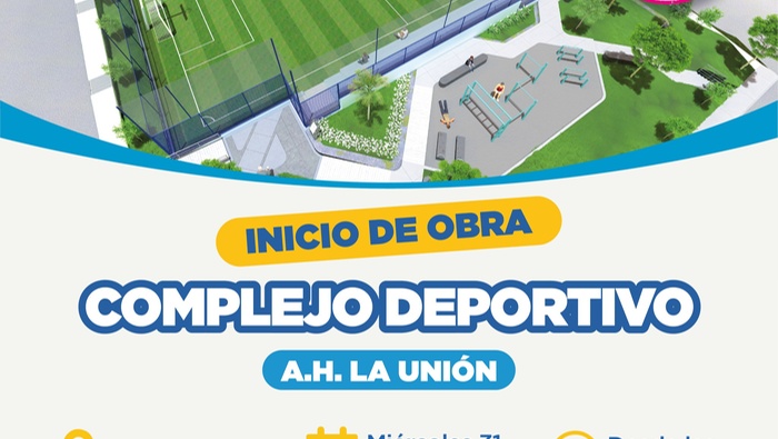 Continuamos trabajando con intensidad para ofrecer una mejor calidad de vida a nuestros vecinos. El alcalde 𝐉𝐡𝐨𝐯𝐢𝐧𝐬𝐨𝐧 𝐕𝐚𝐬𝐪𝐮𝐞𝐳 invita a la población a los inicios de los trabajos del complejo deportivo del A.H. La Unión y de la losa deportiva del A.H. Paz y Unión, dos importantes obras que pronto favorecerán a niños y jóvenes. Los esperamos en estos lugares, en los horarios indicados. ¡Ventanilla crece con su gente!