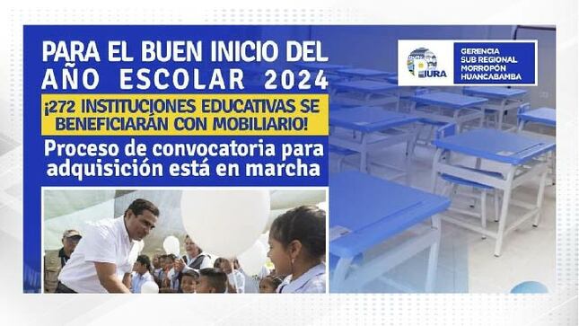 Con miras al Buen Inicio del Año Escolar 2024, el Gobierno Regional de Piura, a través de la Gerencia Sub Regional Morropón Huancabamba dotará de mobiliario escolar a un total de 272 instituciones educativas del nivel inicial, primaria y secundaria del ámbito de la jurisdicción de las UGEL: Chulucanas, Morropón, Huancabamba y Huarmaca; para lo cual ya lanzó el proceso para adquirir dichos bienes.
El proceso de convocatoria para la contratación de bienes de adquisición de mobiliario de aula se ha realizado en 4 paquetes y se encuentra publicado en el Sistema Electrónico del Organismo Supervisor de las Contrataciones del Estado (Seace); donde se visualiza que el registro de participantes será hasta el 05 de febrero, mientras que la buena pro se otorgará el 07 y 08 de febrero de acuerdo al cronograma de cada proceso. 
El Gerente Sub Regional, Ing. Walter Huancas Chinchay, señaló que, para ejecutar este proyecto en beneficio de más de 21 mil estudiantes del alto Piura, se ha elaborado una IOARR - Inversiones de Optimización, de Ampliación Marginal, de Reposición y de Rehabilitación. “El Gobernador Regional, Luis Neyra, nos ha encomendado la misión de dotar con mobiliario escolar a las instituciones educativas y para ello, a través de un trabajo articulado con los directivos de cada UGEL de nuestro ámbito se ha identificado que instituciones carecen de mobiliario, para poder apoyarlos”, explicó.
“La adquisición del mobiliario escolar estará bajo los estándares de calidad y las normas técnicas del Programa Nacional de Infraestructura Educativa (Pronied) de manera que estén aptas para el uso académico de las diferentes II.EE. que serán beneficiadas", finalizó el gerente Sub Regional.  
Un total de 64 instituciones educativas y 9,258 alumnos del ámbito de la UGEL Morropón, se beneficiarán con mobiliario de aula (mesas y sillas).
En lo que respecta a la UGEL Chulucanas, se dotará con mobiliario escolar a 29 instituciones educativas y con ello se beneficiará a un total de 3,629 alumnos. 
Para la UGEL Huancabamaba, serán 64 instituciones educativas las beneficiadas, lo que representa a un total de 4,439 alumnos. 
Finalmente, para la UGEL Huarmaca, se ha identificado a  40 instituciones educativas, donde serán beneficiados un total de 3,697 estudiantes. 
