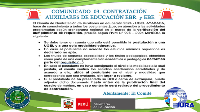 Requisitos Necesarios para Postular a la Contratación Auxiliares de Educación EBR  y EBE