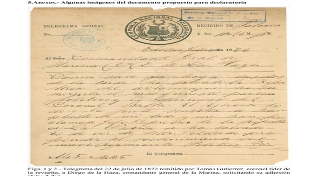 Ministerio de Cultura declara Patrimonio Cultural a documento sobre la posición de la Marina ante la Revolución del coronel Tomás Gutiérrez 