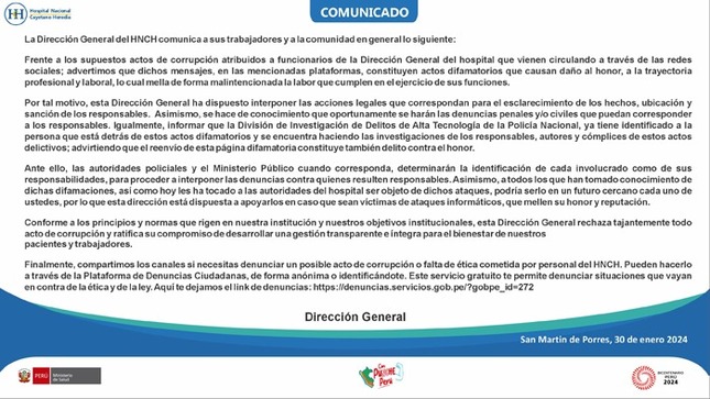 Comunicado de descargo sobre supuestas acusaciones a funcionarios - HNCH